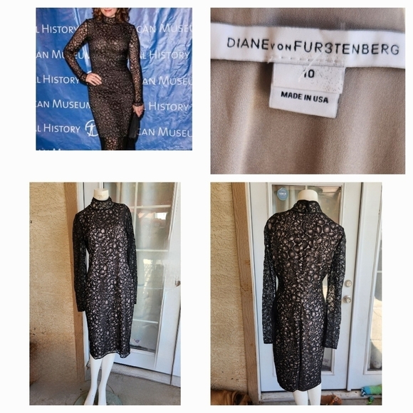Diane‎ Von Furstenberg 'Lydia' Black Lace Mock Neck Long Sleeve Dress - Picture 2 of 2